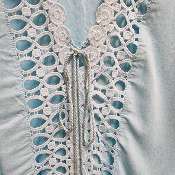 Beach By Exist Top Womens L Blue Crochet Lace V Neck 3/4 Sleeve Crop Elastic Hem - Picture 14 of 15